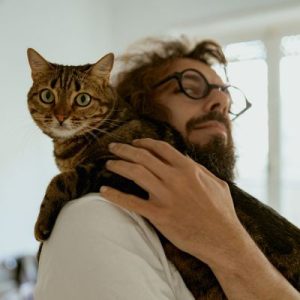 Man with glasses and brown hair holding adorable cat on his shoulder